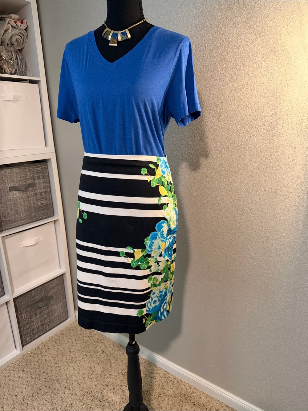 New York & Company Black White Stripe Pencil Skirt with Blue Floral Accent
